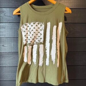 Olive green sleeveless muscle tank with a distressed white flag graphic.